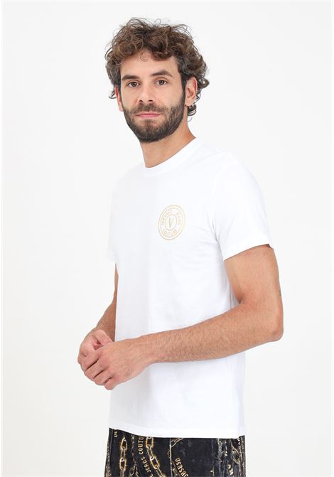 Men's white short-sleeved T-shirt with V-Emblem logo print VERSACE JEANS COUTURE | 77GAHT00CJ00TG03
